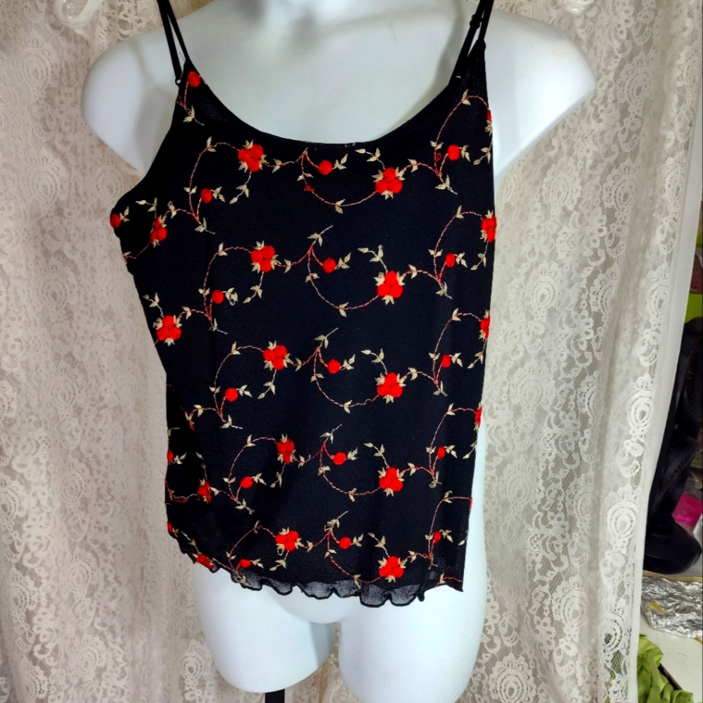 Carol Rose embroidered black mesh camisole NWOT  Size L